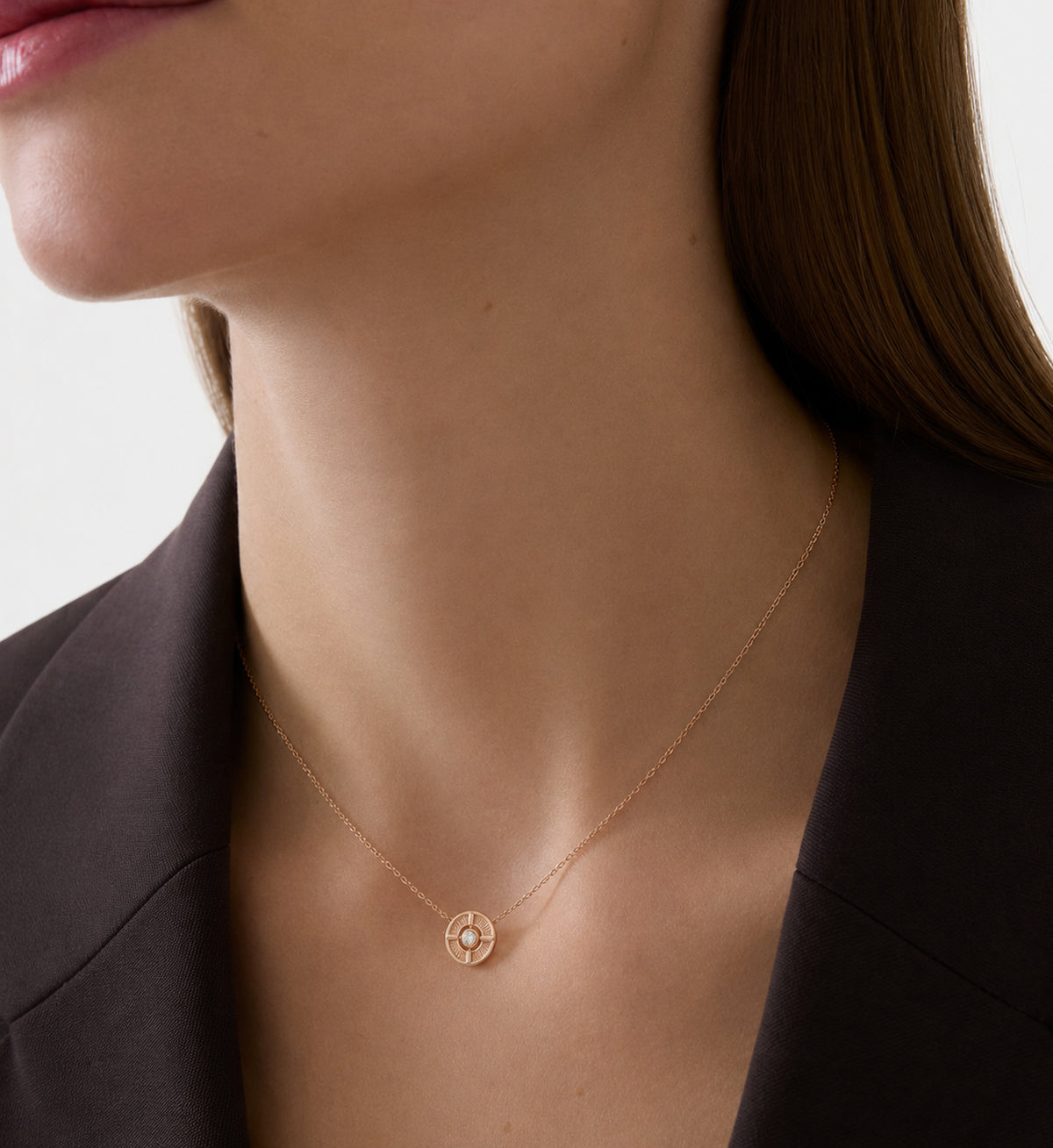 Relic Meridian Disc Necklace (Rose Gold), model styling view