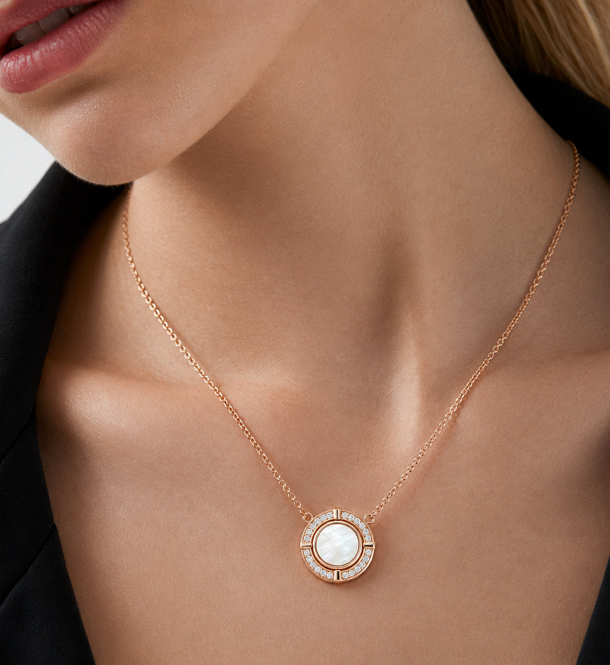 Relic Halo Disc Necklace (Pearl White), model styling view