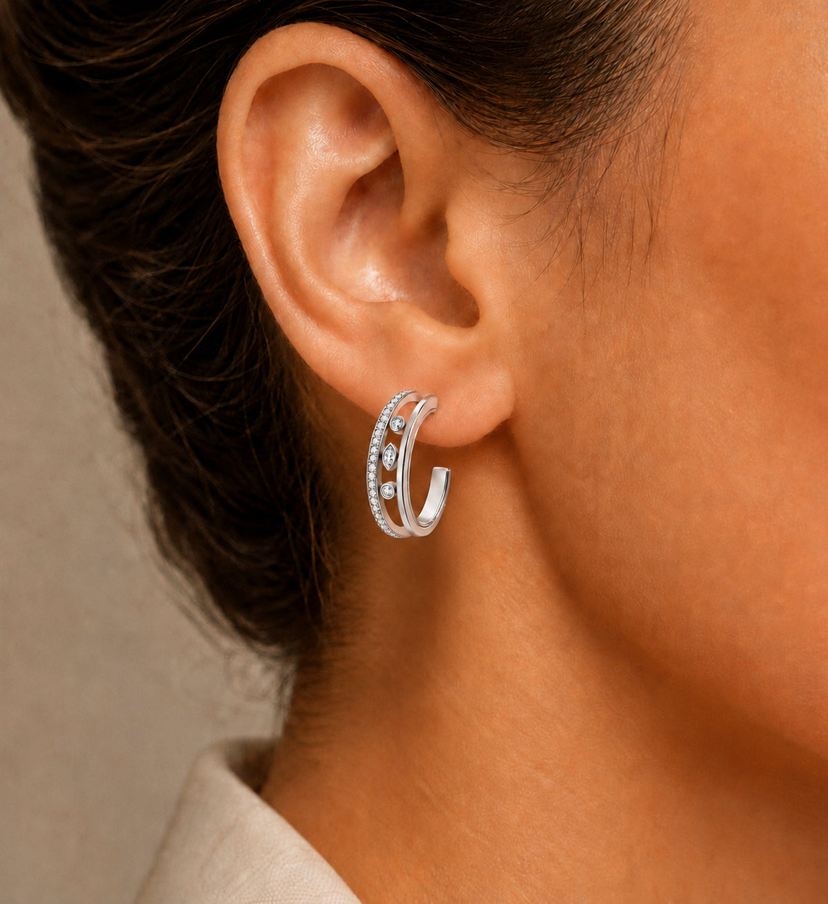Relic Orbit Hoop Earrings (Silver), model styling view