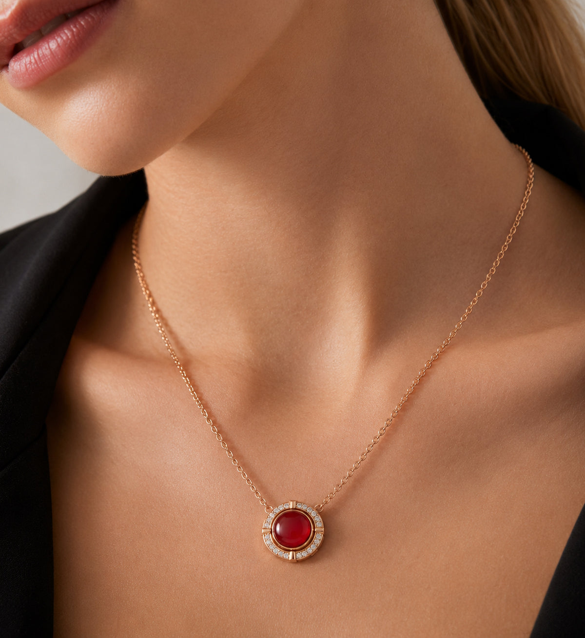 Relic Halo Disc Necklace (Crimson Red), model styling view