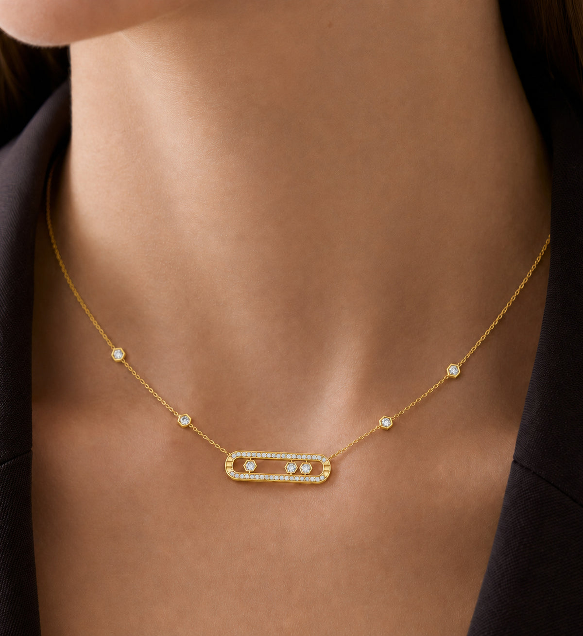 Relic Linear Halo Necklace (Rose Gold), model styling view