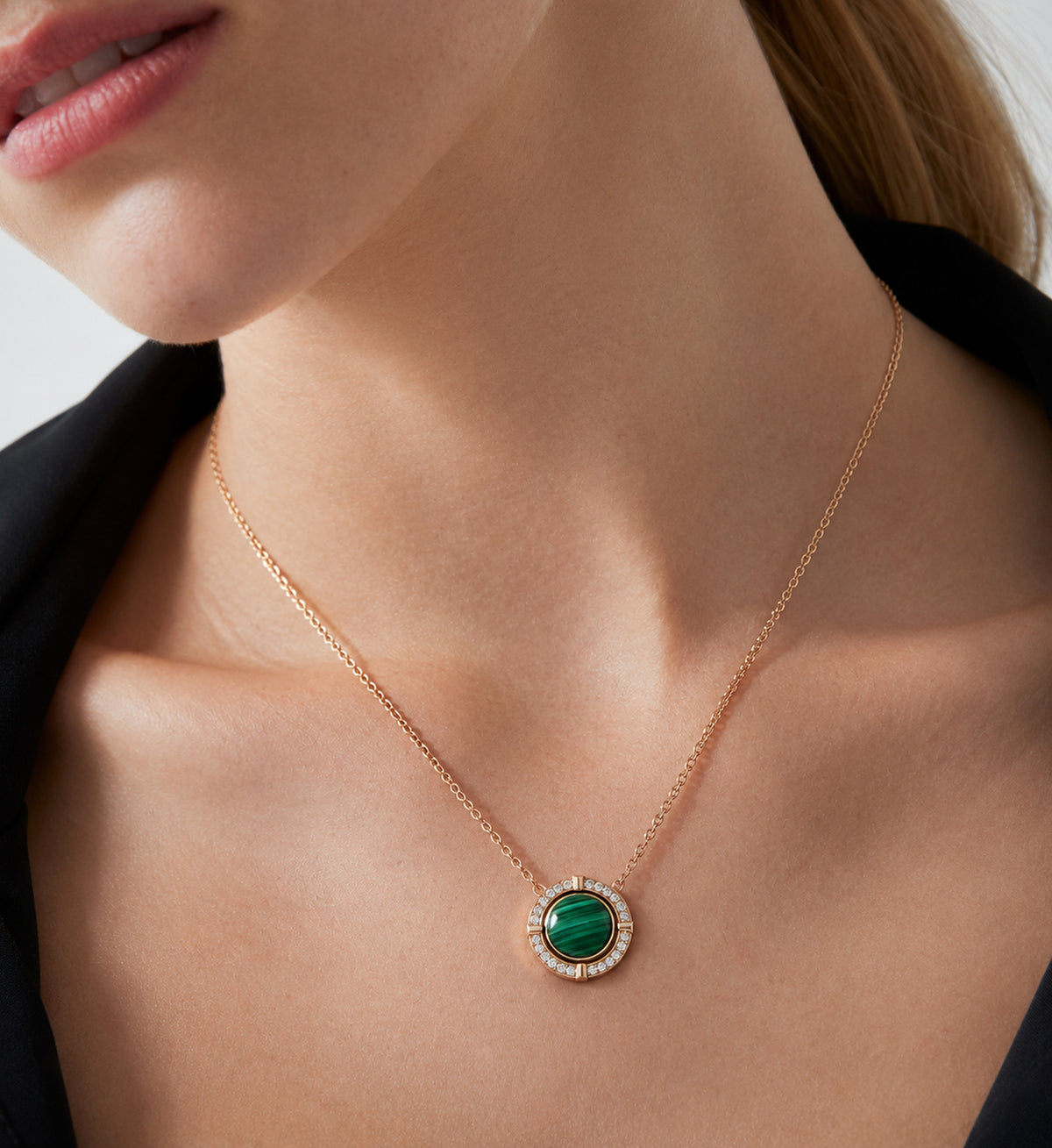 Relic Verdant Halo Necklace (Green Stone Effect), model styling view
