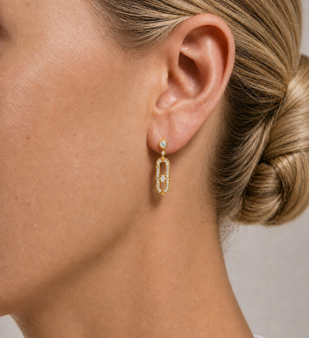 Relic Portal Drop Earrings (Gold), model styling view