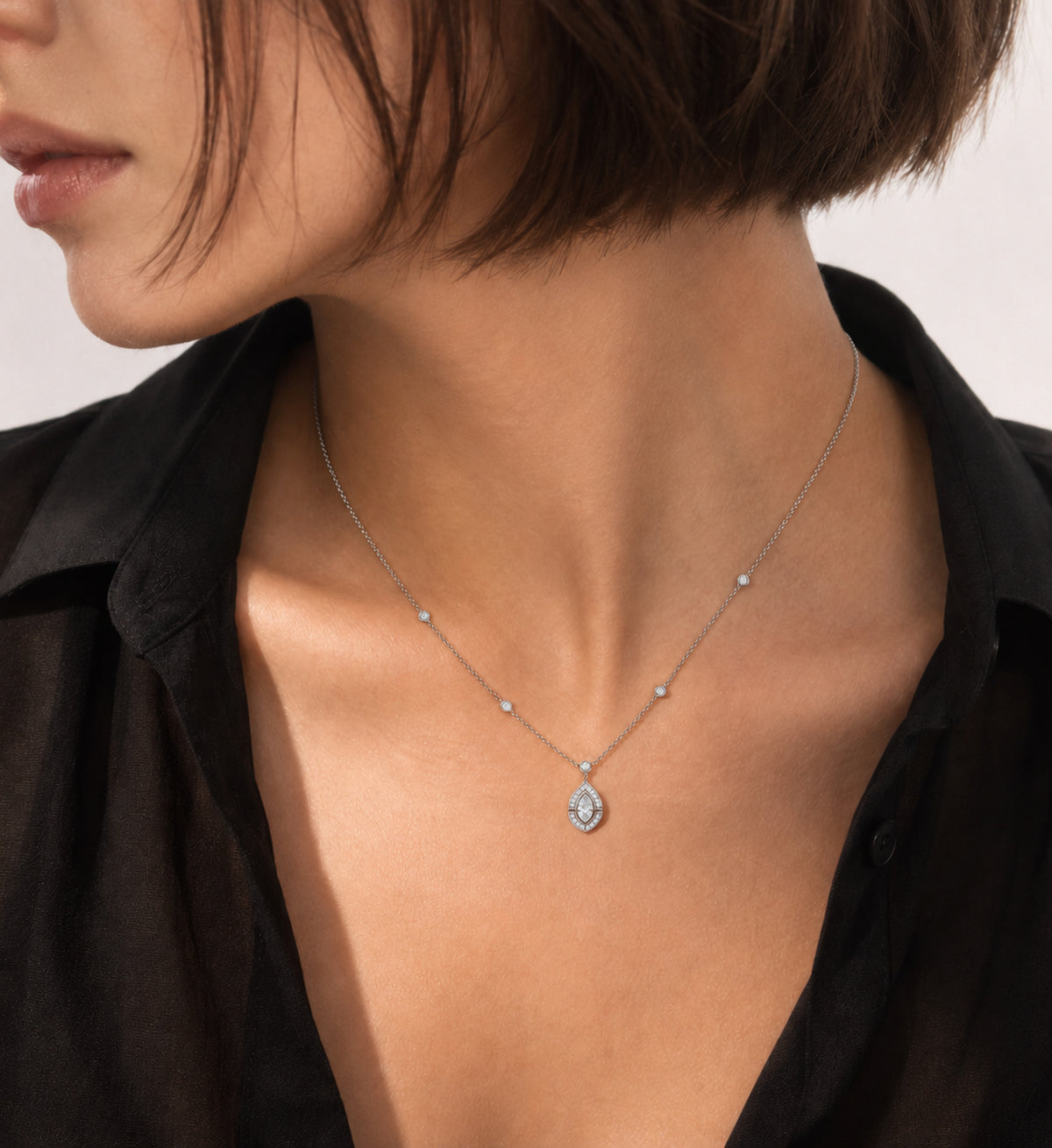 Relic Marquise Halo Necklace (Silver), model styling view