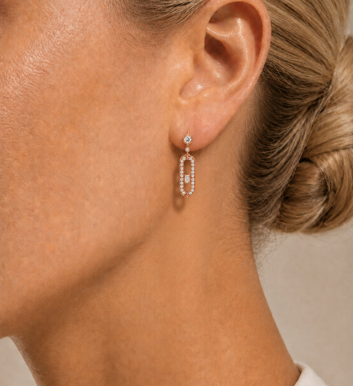 Relic Portal Drop Earrings (Rose Gold), model styling view