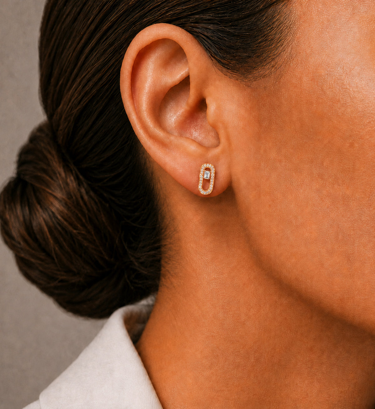 Relic Portal Stud Earrings (Rose Gold), model styling view