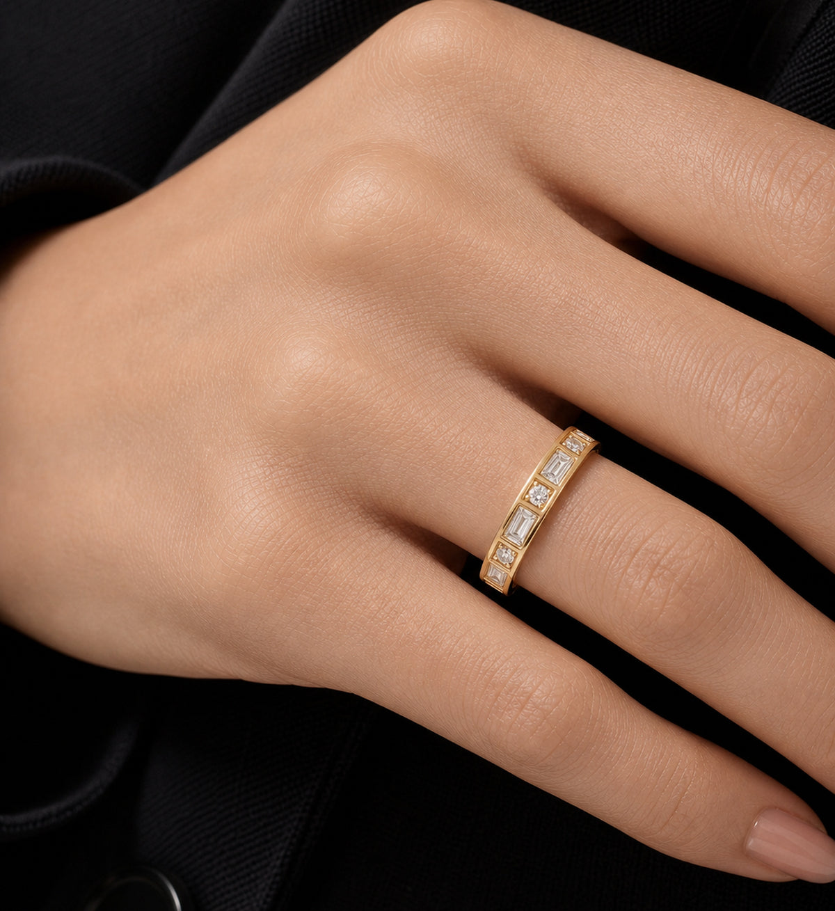 Relic Linear Baguette Ring (Rose Gold), model styling view