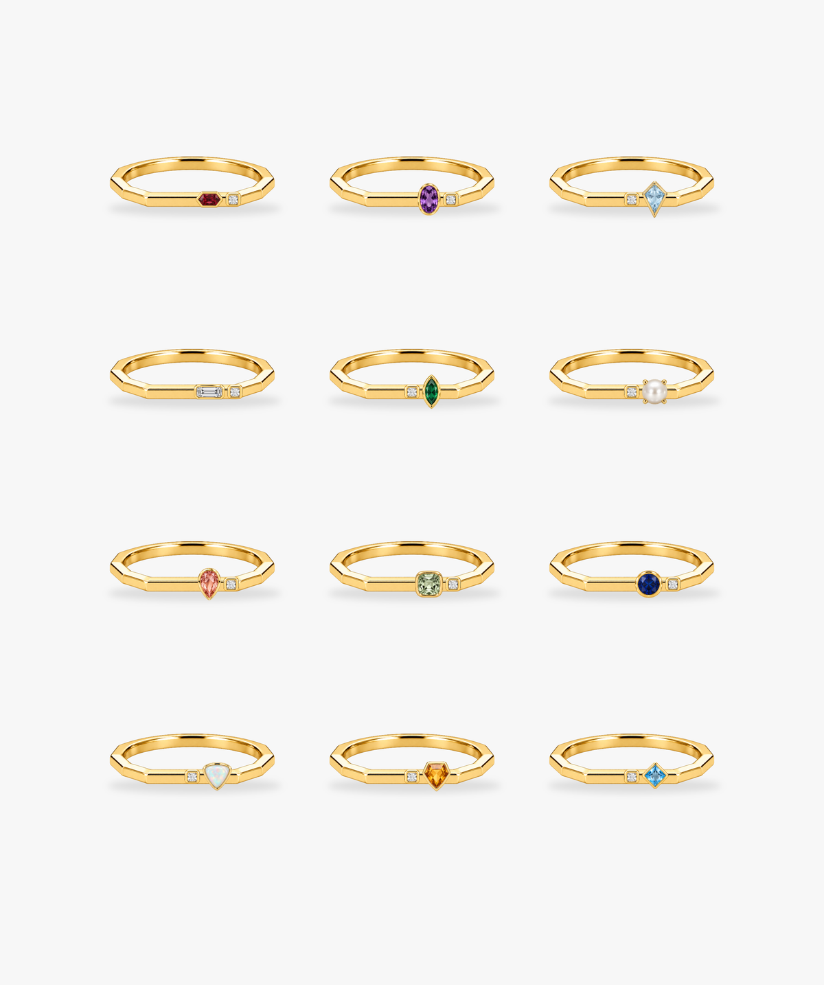 AMBECA Mosaic stacking rings, twelve gold-tone gemstone designs in a three-column four-row overview