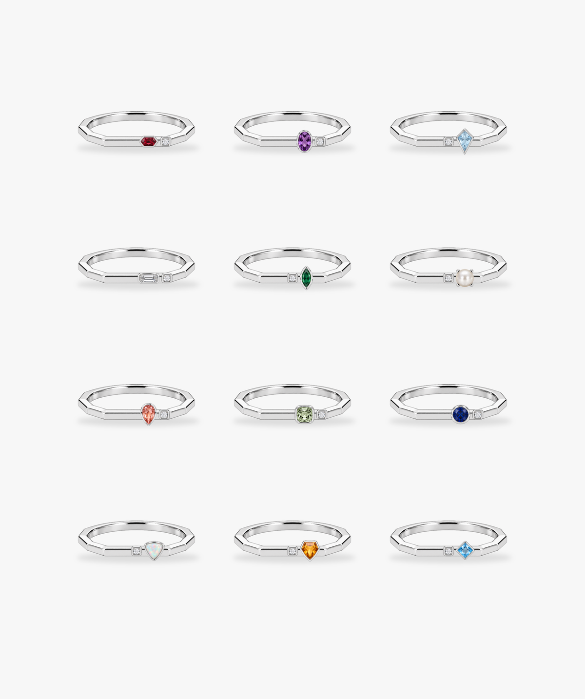 AMBECA Mosaic stacking rings, twelve silver-tone gemstone designs in a three-column four-row overview