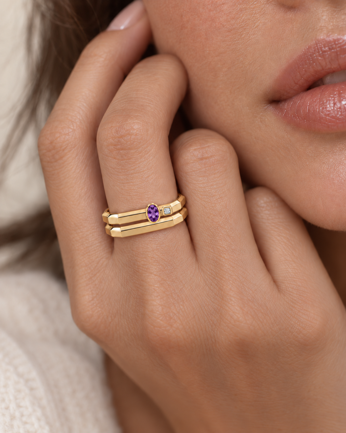 AMBECA gold-tone angular stacking ring, style 02, two-ring model styling with plain lower band