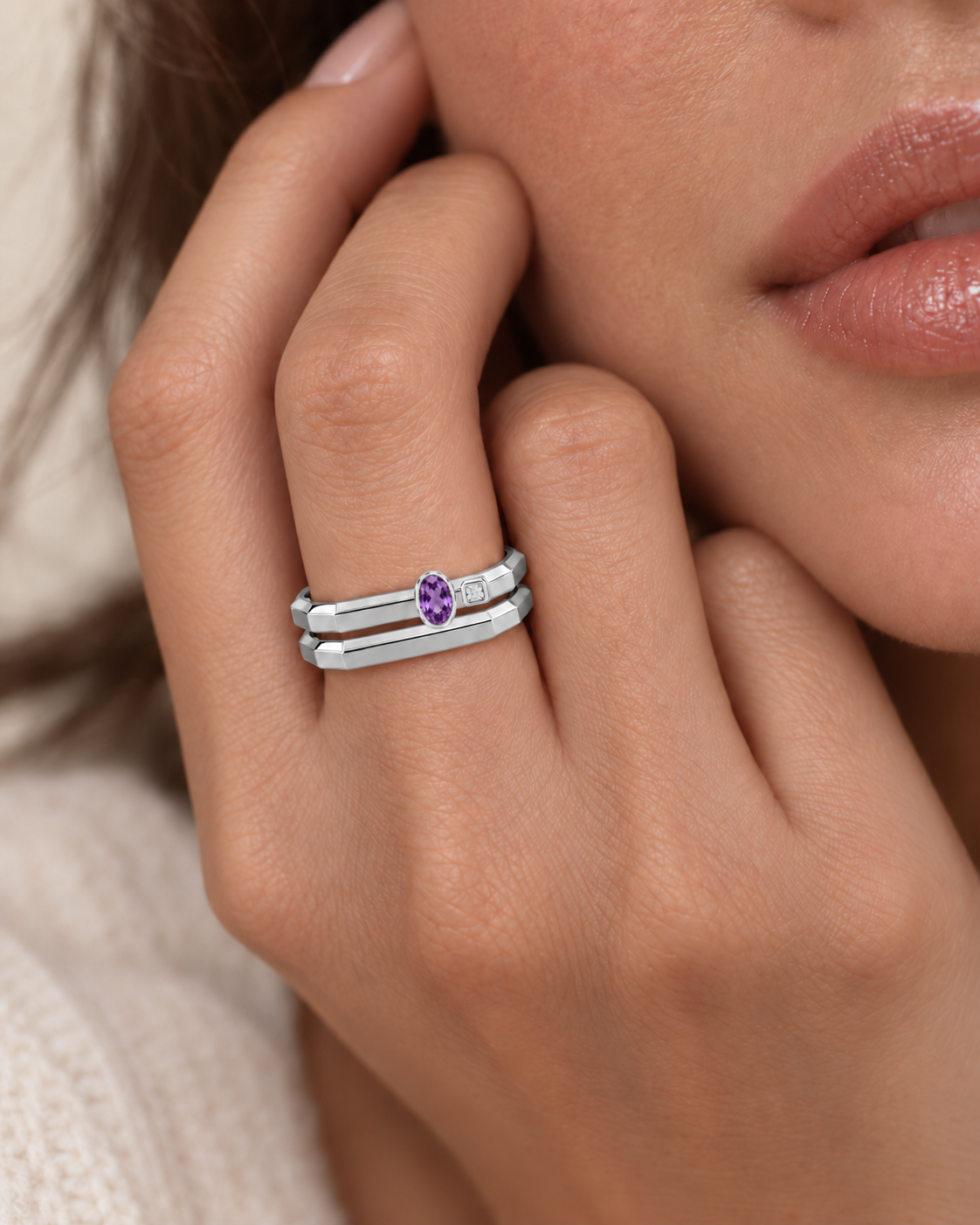 AMBECA silver-tone angular stacking ring, style 02, two-ring model styling with plain lower band