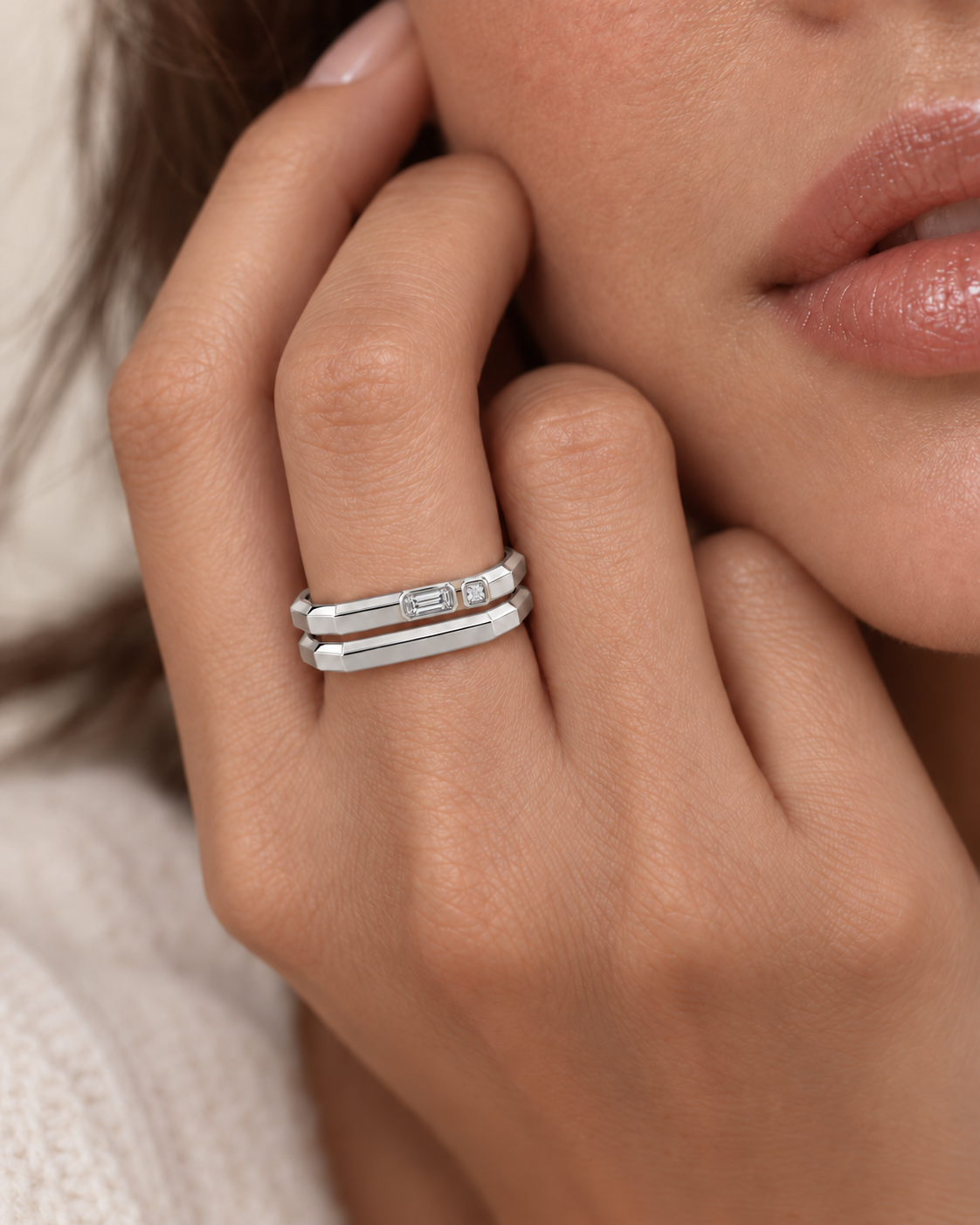 AMBECA silver-tone angular stacking ring, style 04, two-ring model styling with plain lower band