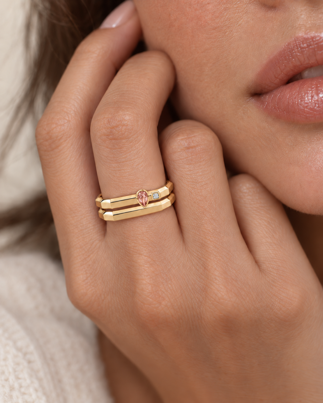 AMBECA gold-tone angular stacking ring, style 07, two-ring model styling with plain lower band