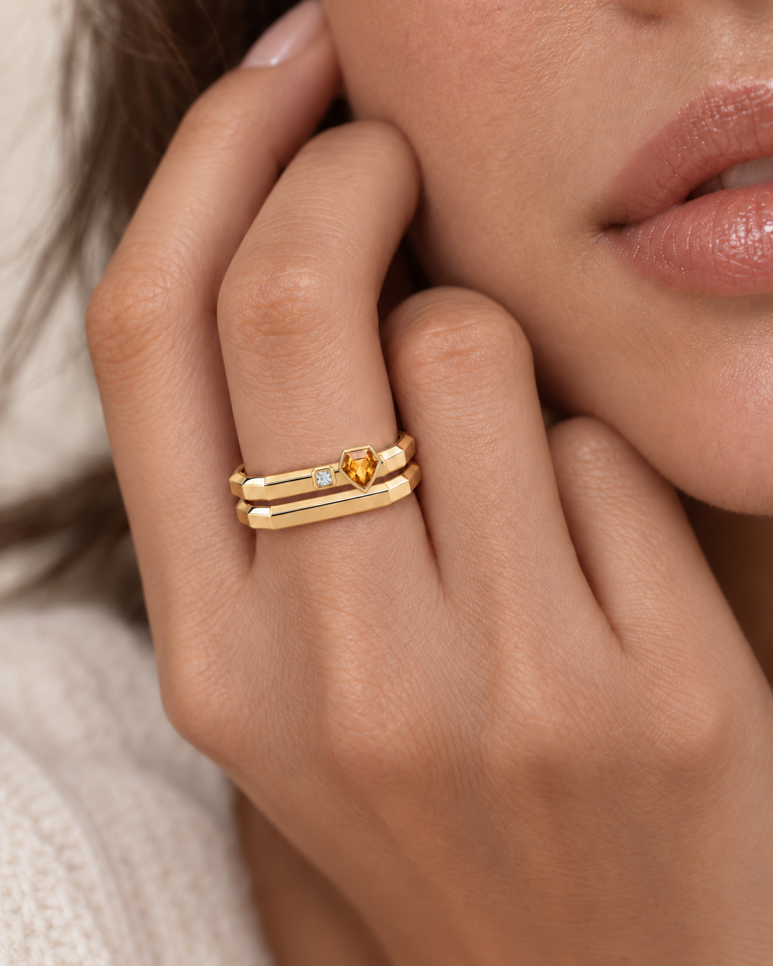 AMBECA gold-tone angular stacking ring, style 11, two-ring model styling with plain lower band