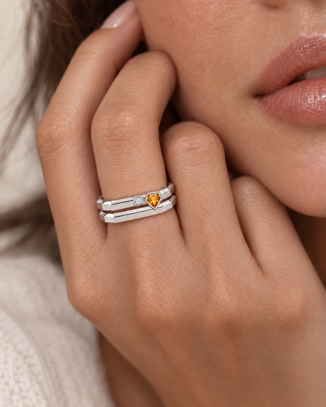 AMBECA silver-tone angular stacking ring, style 11, two-ring model styling with plain lower band