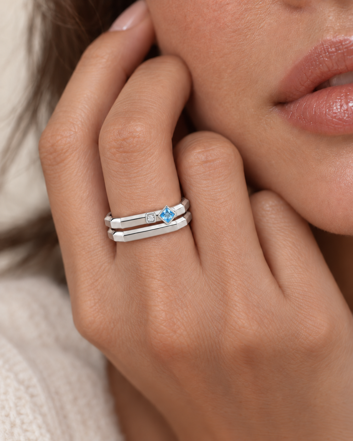 AMBECA silver-tone angular stacking ring, style 12, two-ring model styling with plain lower band
