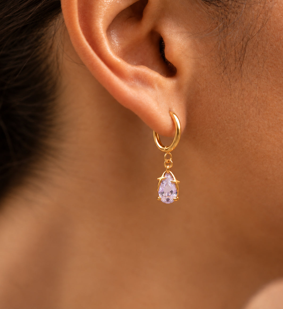 Aveline Lilac Pear Star Huggie Earrings in Gold, model styling view 5