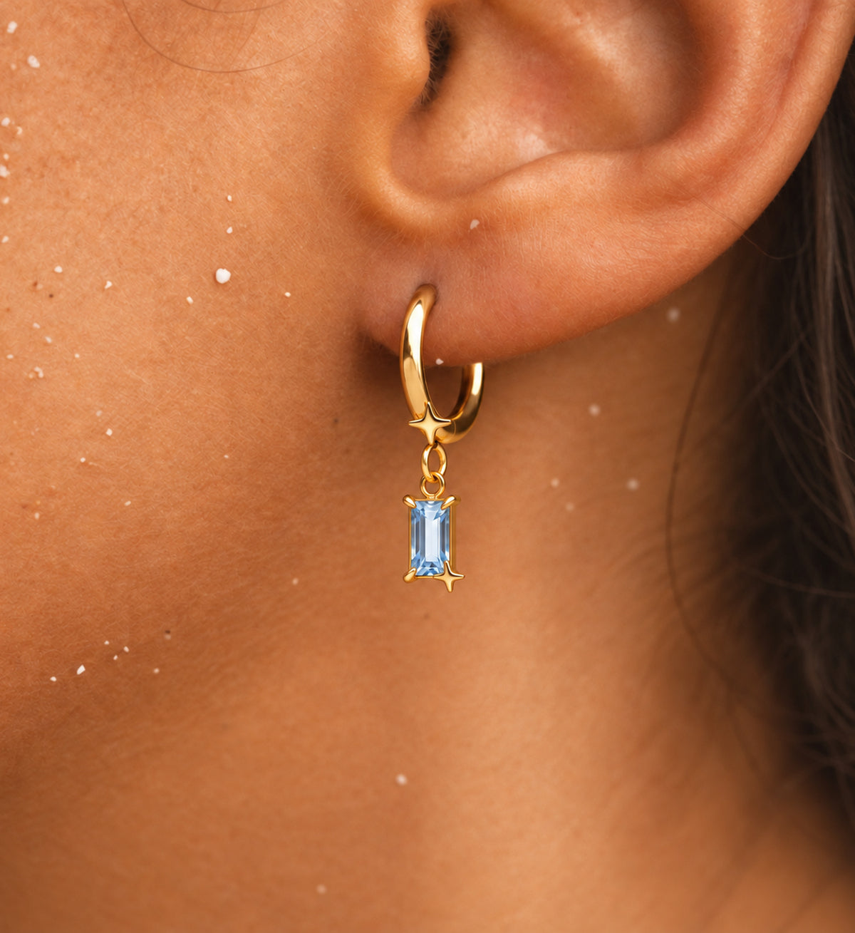 Caelum Blue Rectangle Star Drop Earrings in Gold, model styling view 4