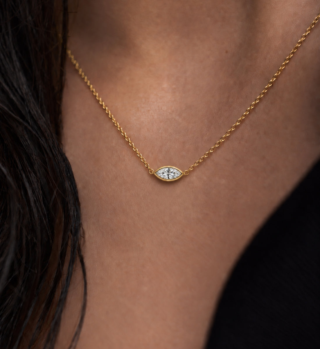Elara Marquise Pendant Necklace (Gold), full necklace view