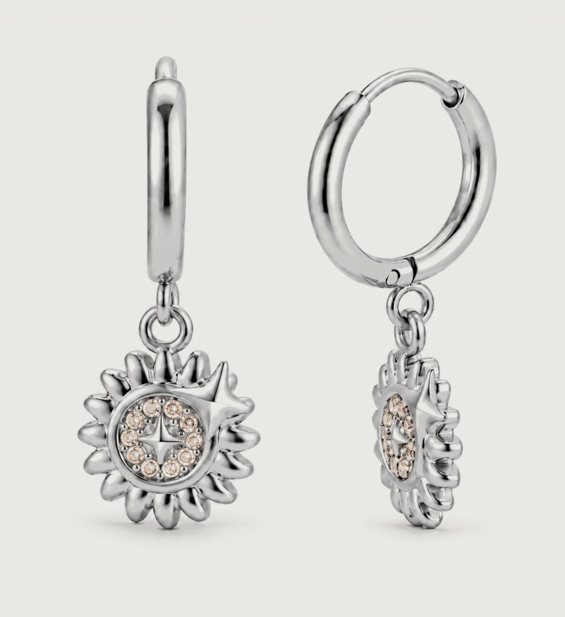 Elyra Sunburst Medallion Hoop Earrings (Silver), front product view