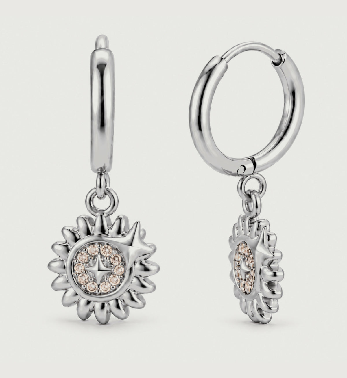 Elyra Sunburst Medallion Hoop Earrings (Silver), front product view