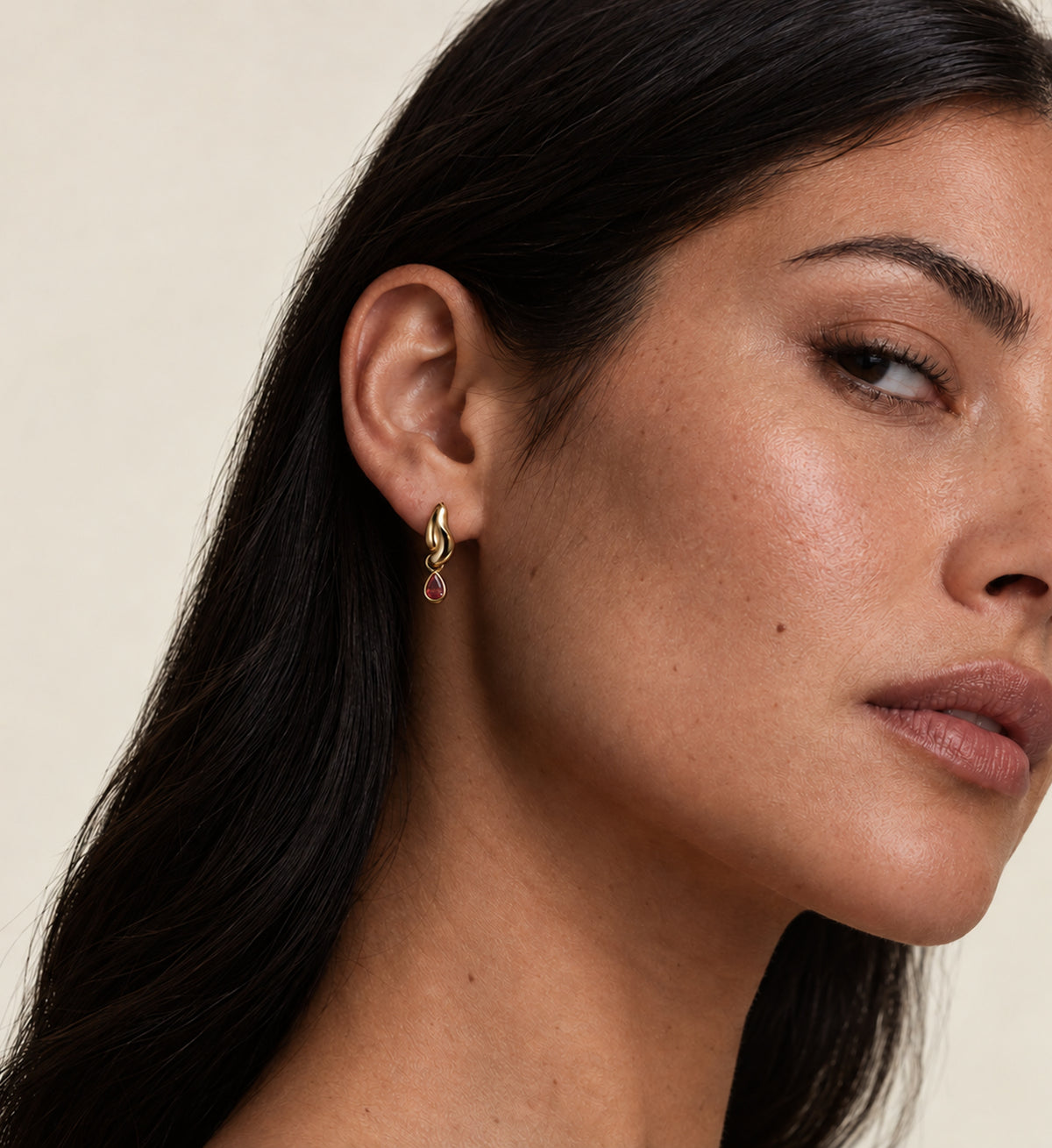 Ember Red Teardrop Earrings (Gold), model styling view