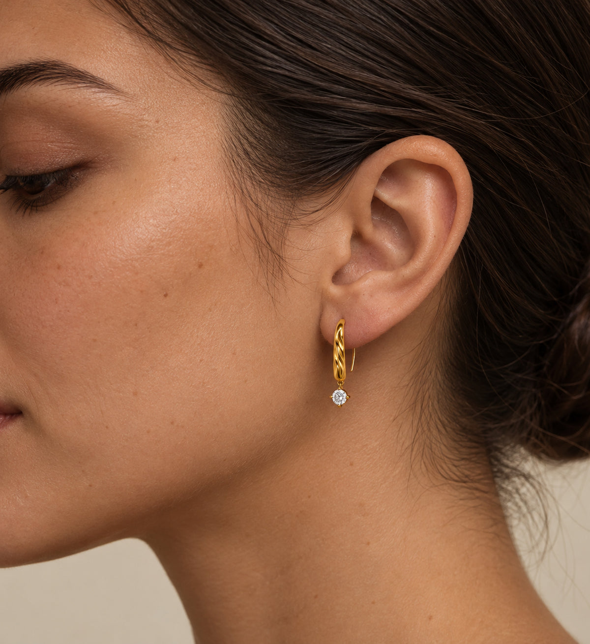 Liora Solitaire Drop Hoop Earrings (Gold), model styling view