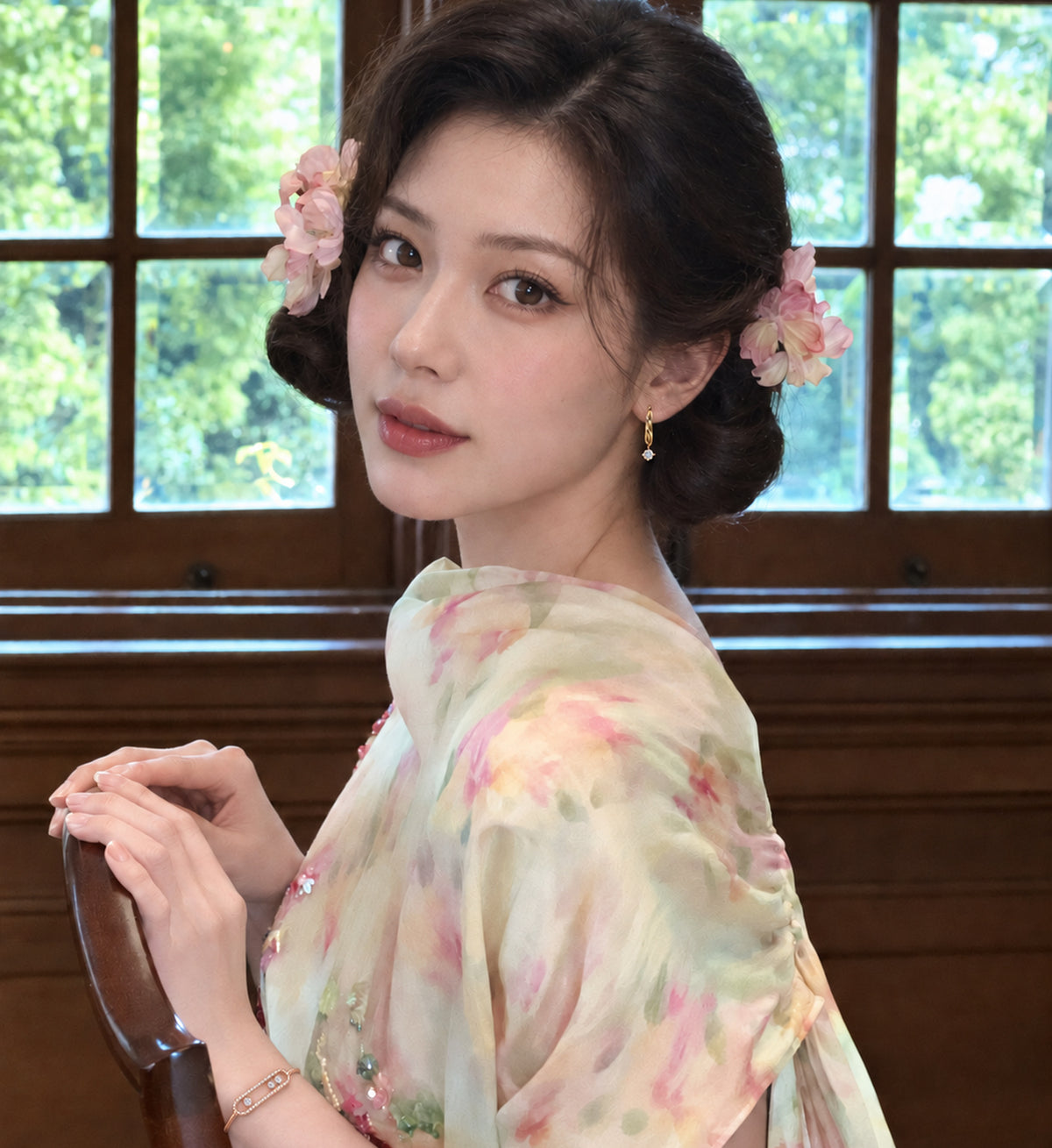 Liora Solitaire Drop Hoop Earrings (Gold), lifestyle styling view