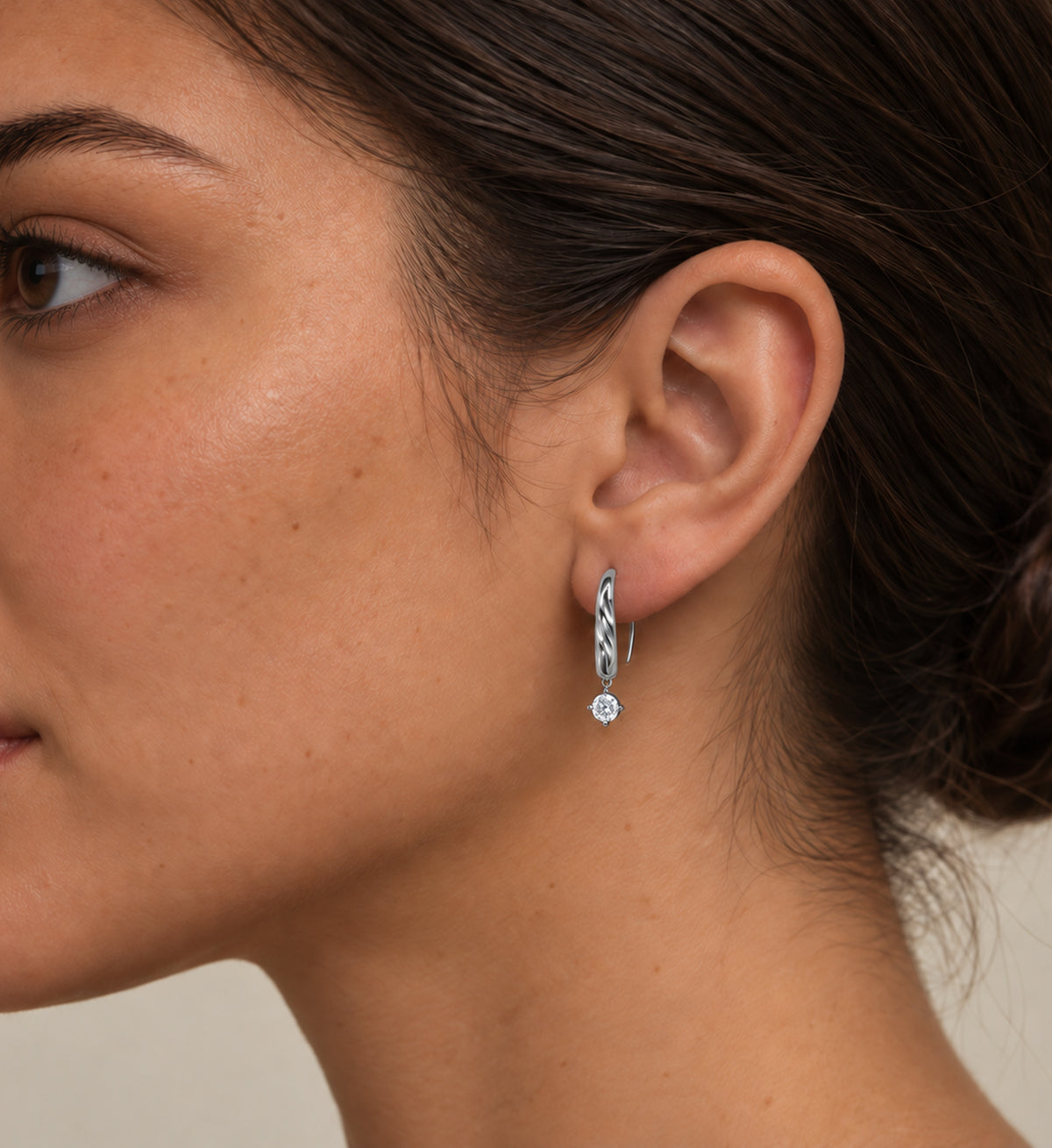 Liora Solitaire Drop Hoop Earrings (Silver), model styling view