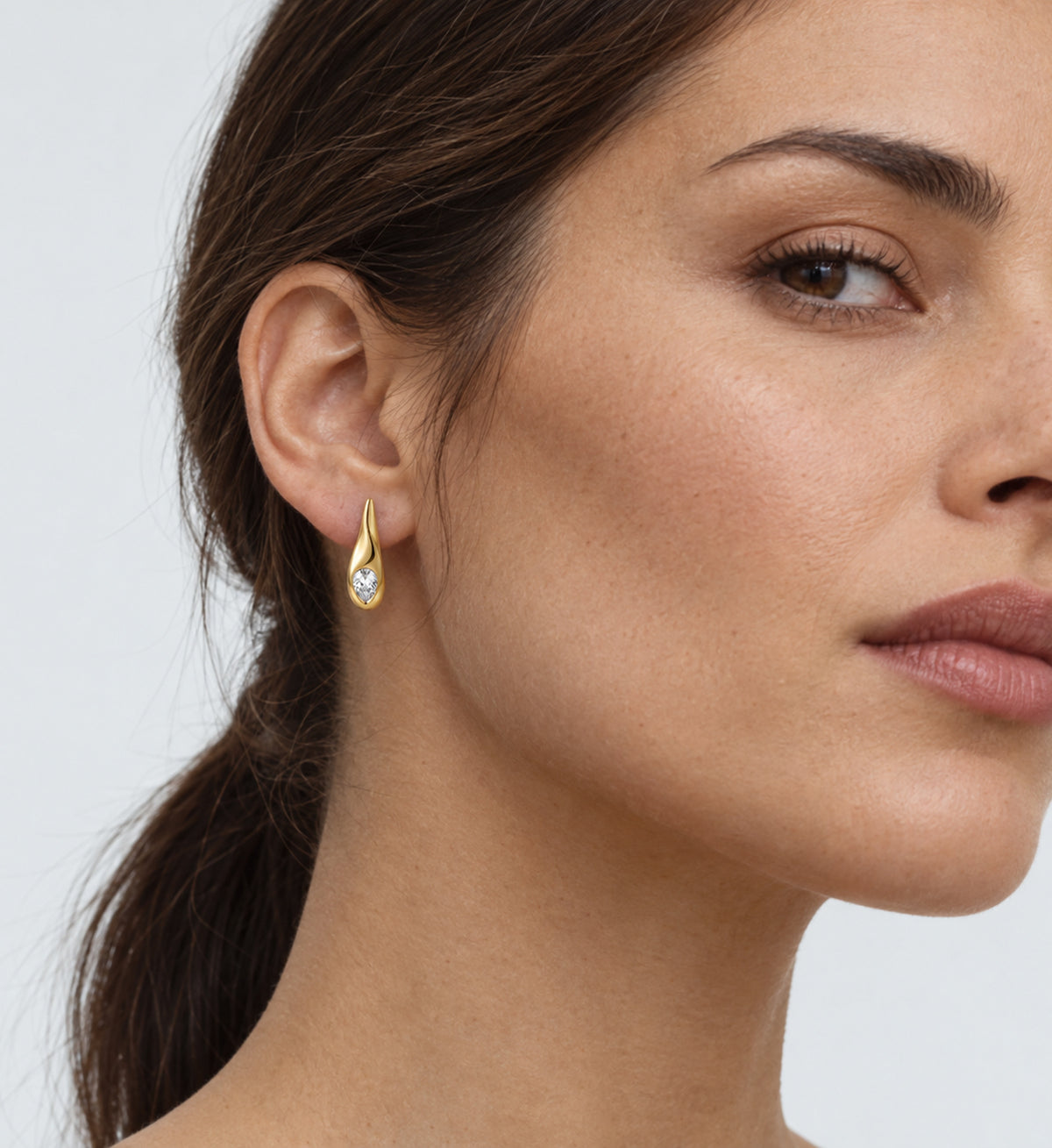 Luma Pear Accent Drop Earrings (Gold), model styling view