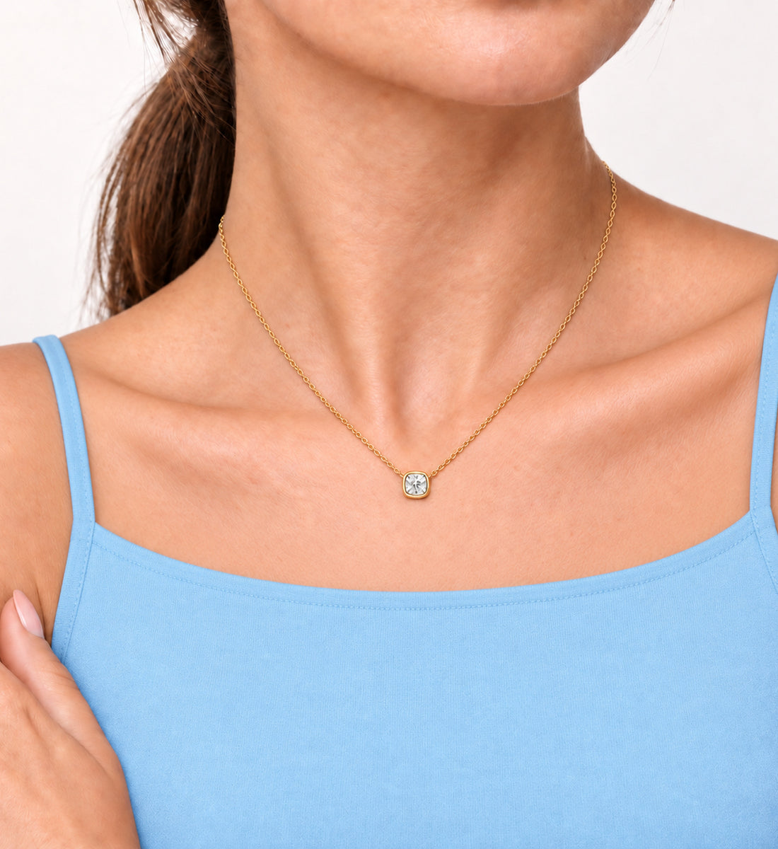 Lumen Cushion Pendant Necklace (Gold), full necklace view
