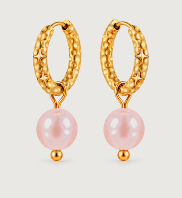 Noelle Pink Pearl Star Hoop Earrings (Gold), front product view