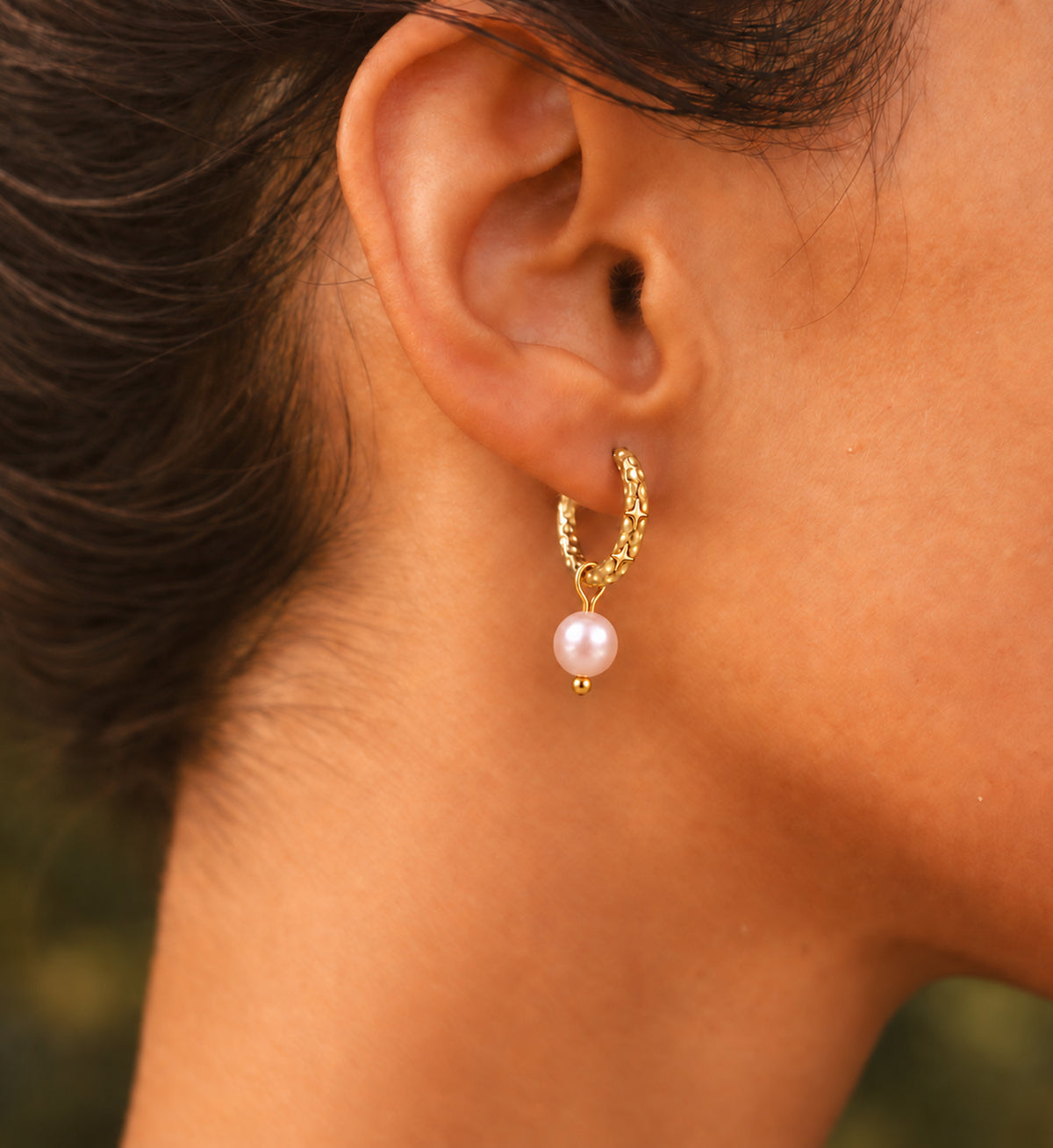 Noelle Pink Pearl Star Hoop Earrings in Gold, model styling view 2
