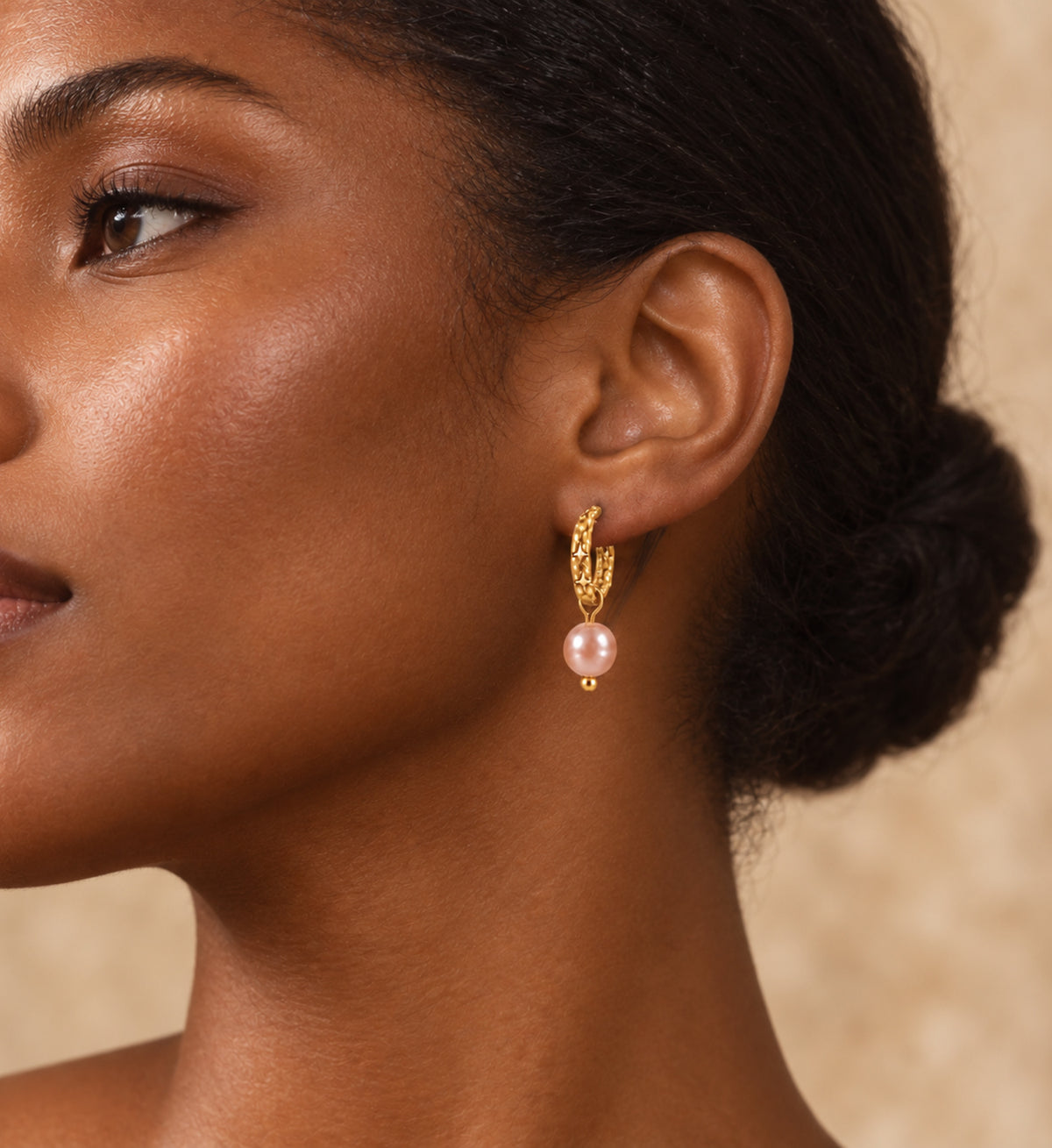 Noelle Pink Pearl Star Hoop Earrings in Gold, model styling view 3