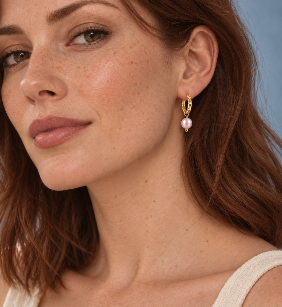 Noelle Pink Pearl Star Hoop Earrings in Gold, model styling view 4