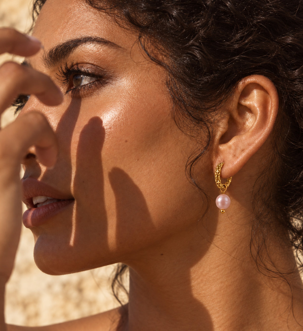 Noelle Pink Pearl Star Hoop Earrings in Gold, model styling view 5