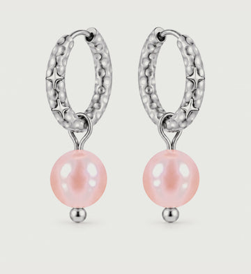 Noelle Pink Pearl Star Hoop Earrings (Silver), front product view