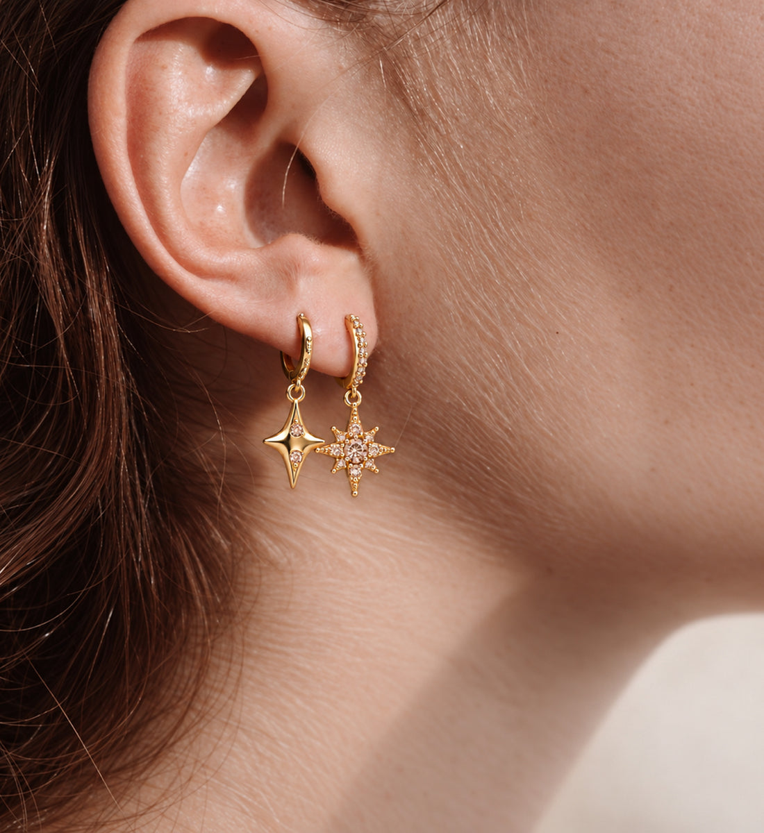 Nola Pave Star Drop Huggie Earrings (Gold), front product view