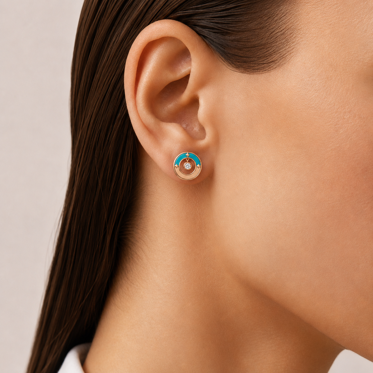Relic Crescent Seal Earrings (Aqua Blue), model styling view