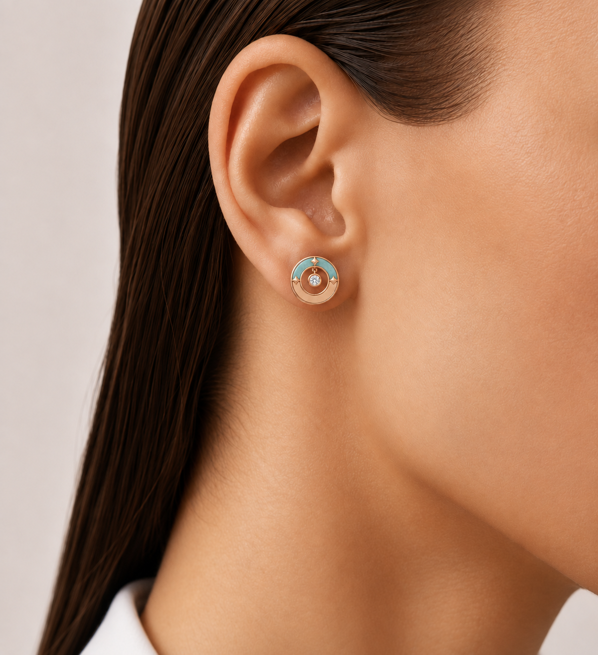 Relic Crescent Seal Earrings (Aqua Blue), model styling view