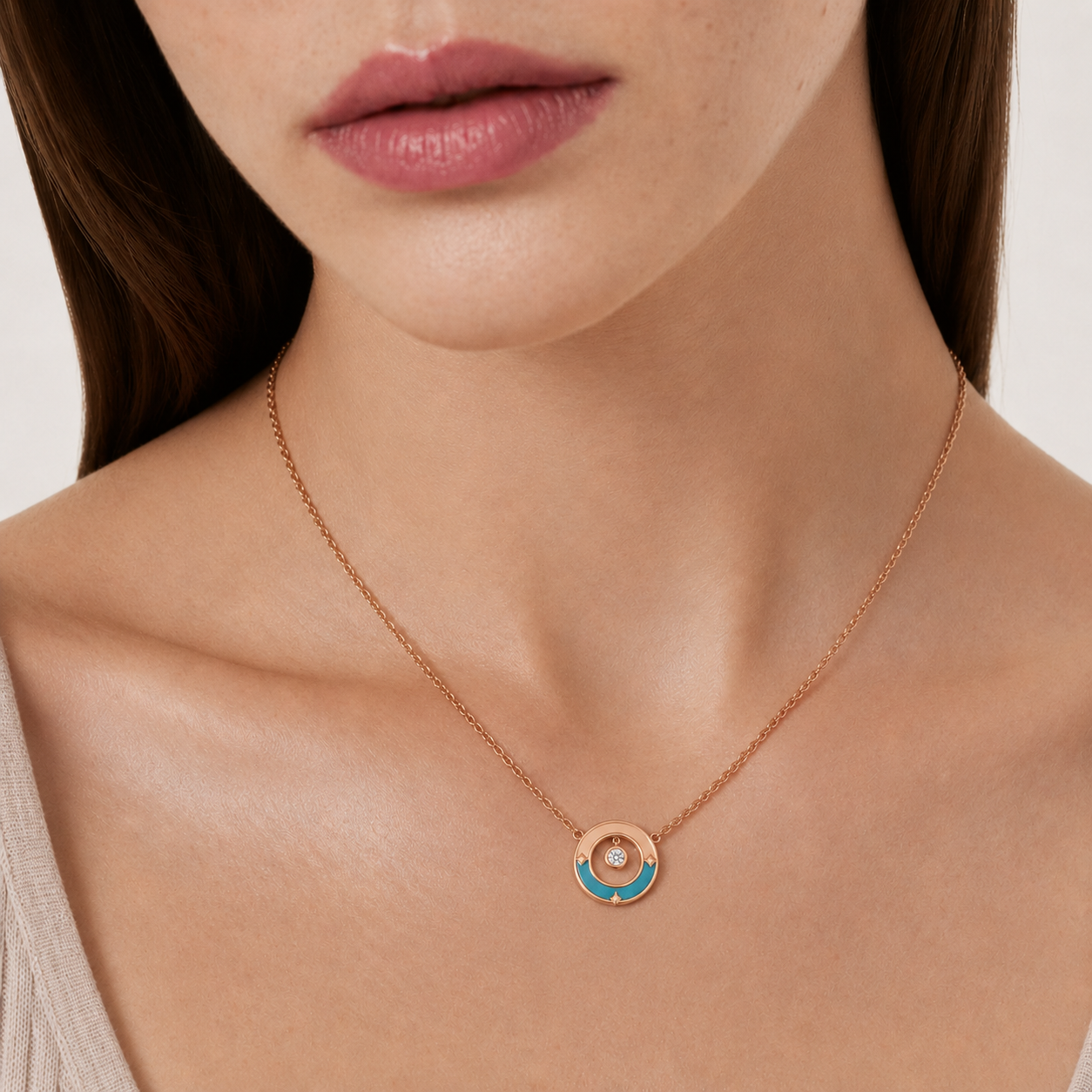 Relic Crescent Seal Necklace (Aqua Blue), model styling view