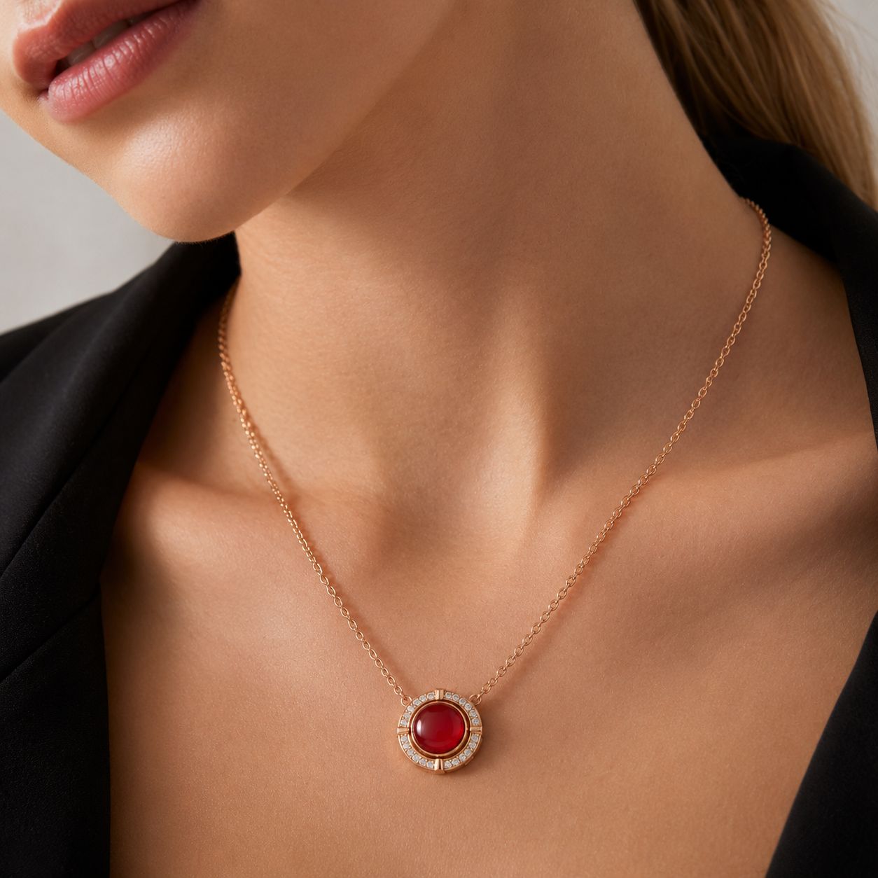 Relic Halo Disc Necklace (Crimson Red), model styling view