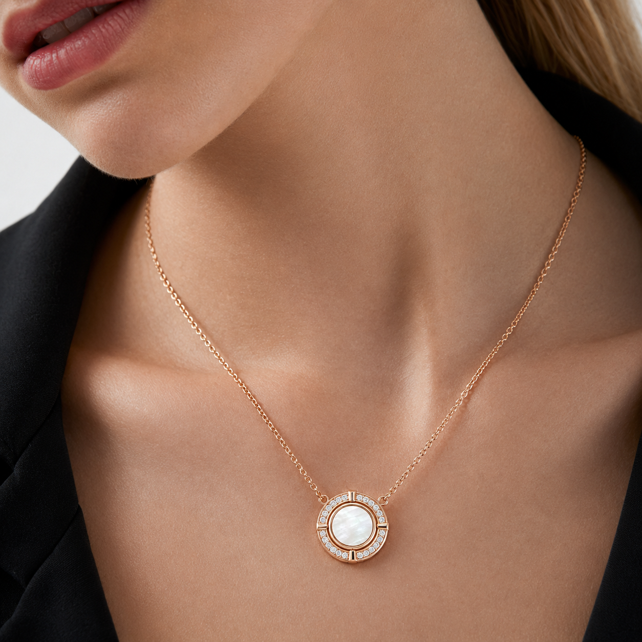 Relic Halo Disc Necklace (Pearl White), model styling view