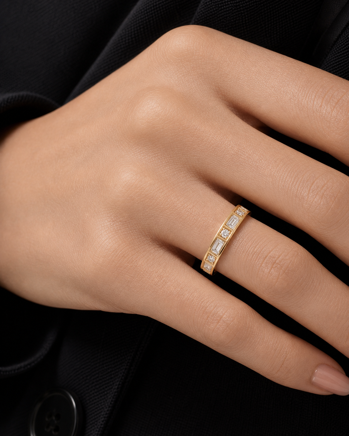 Relic Linear Baguette Ring (Rose Gold), model styling view