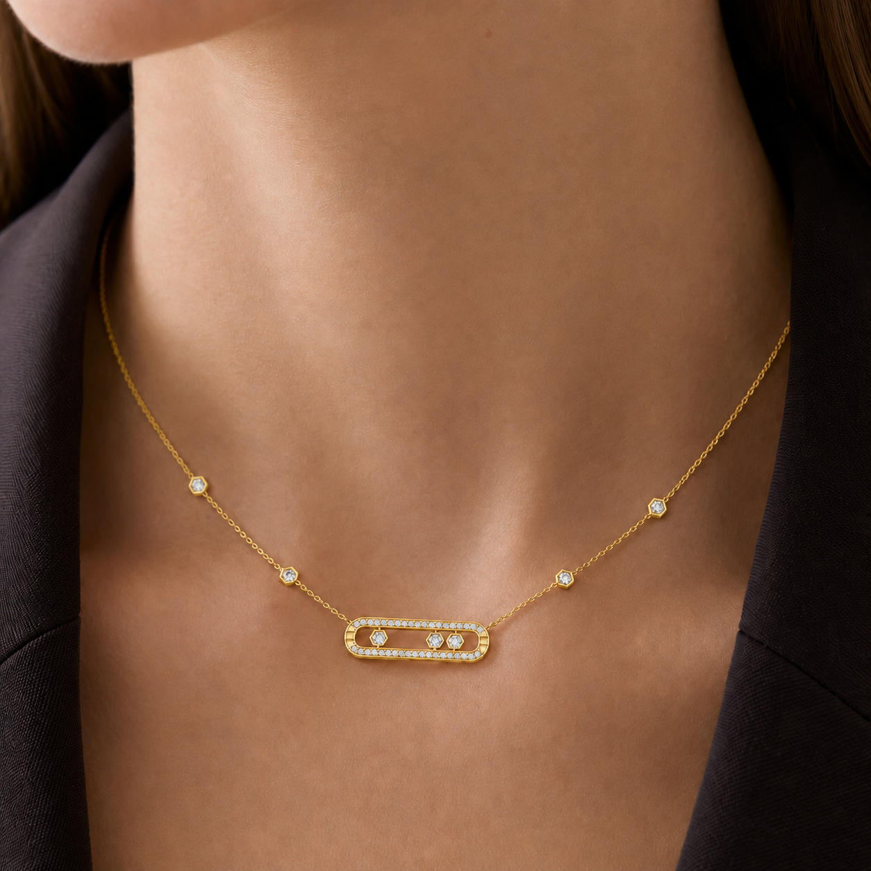 Relic Linear Halo Necklace (Rose Gold), model styling view