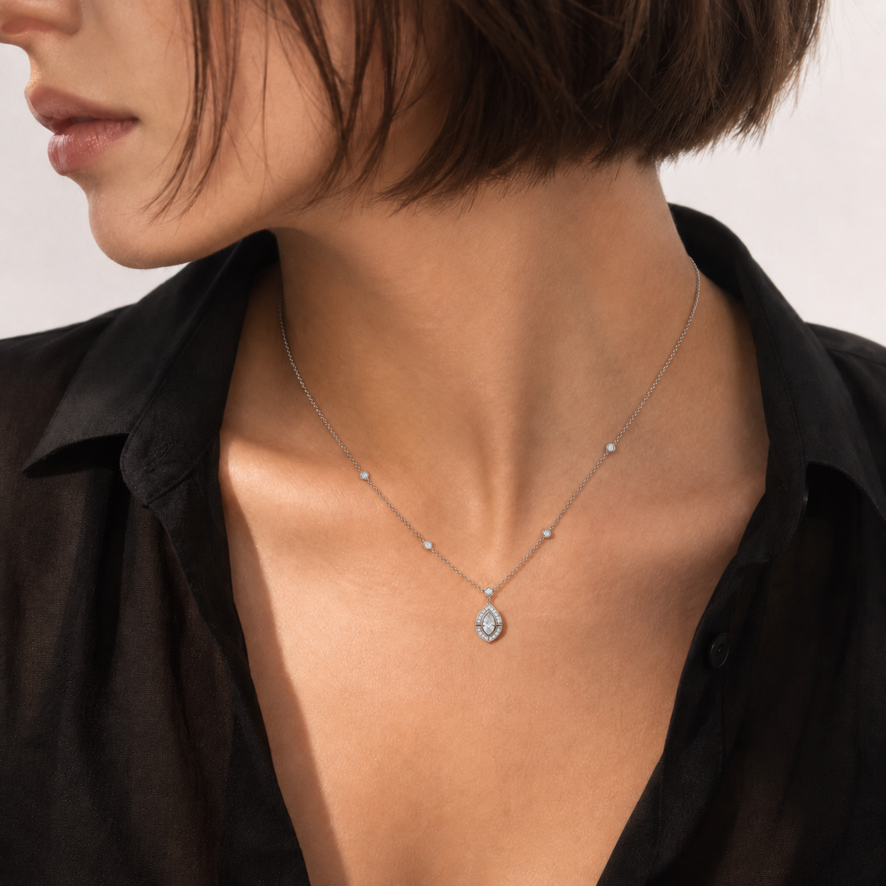 Relic Marquise Halo Necklace (Silver), model styling view