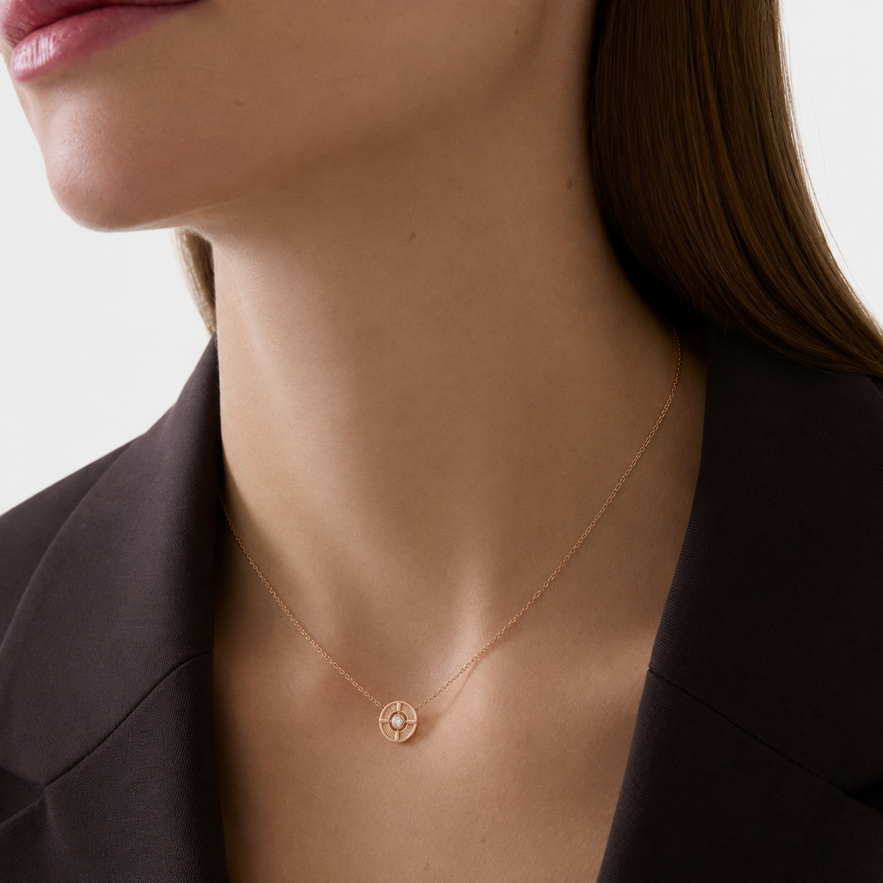 Relic Meridian Disc Necklace (Rose Gold), model styling view
