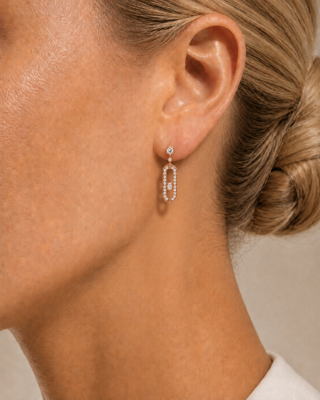 Relic Portal Drop Earrings (Rose Gold), model styling view