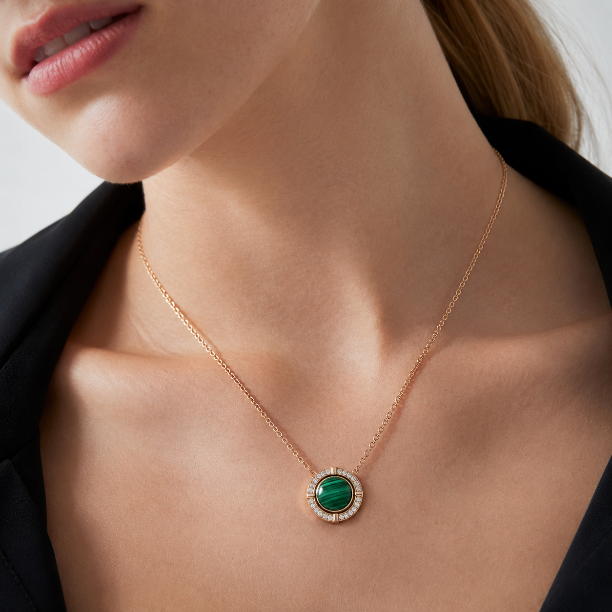 Relic Verdant Halo Necklace (Green Stone Effect), model styling view