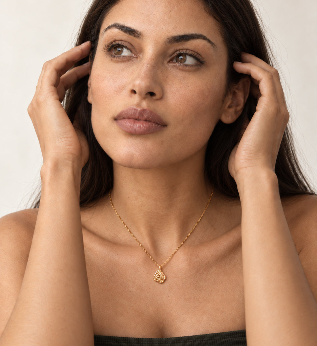 Sculpted Initial Pendant Necklace, Letter A, 18K Gold Plated, full necklace view